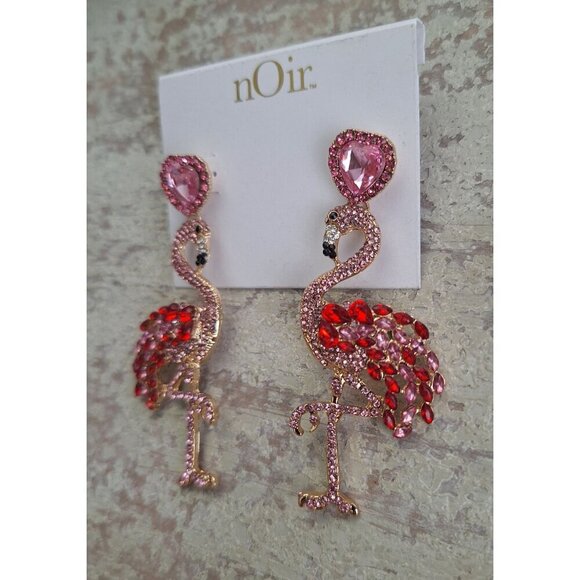 Noir Pink & Red Crystal Flamingo Dangling Stud Earrings - Picture 2 of 4
